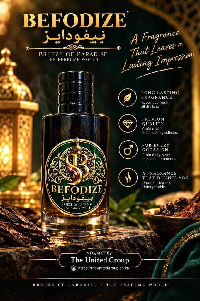 BEFODIZE dark presentation: a darker bottle of fragrance with a green and gold medallion, photographed with lanterns, wood, and spices. The poster reads A fragrance that leaves a lasting impression, and credits manufacture and marketing to The United Group.